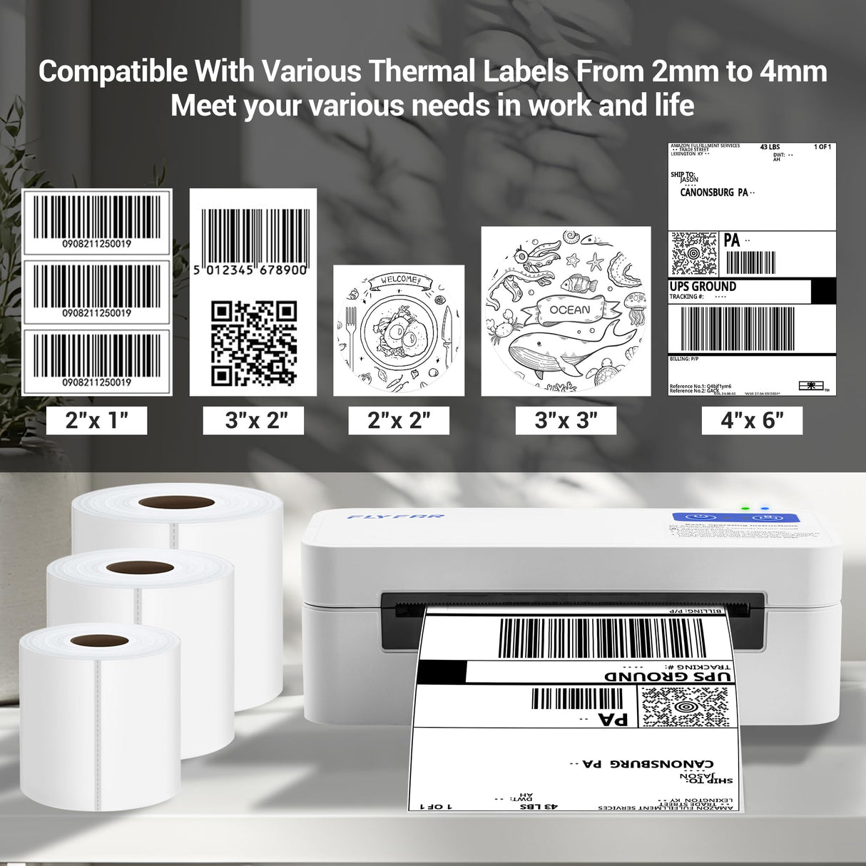 FLYFAR Bluetooth Thermal Shipping 4x6 Label Printer,Wireless Label Printer for Small Business,Support Windows,iOS,iPhone, Android,Used for Amazon,Shopify,Ebay,Ups,FedEx FLYFAR