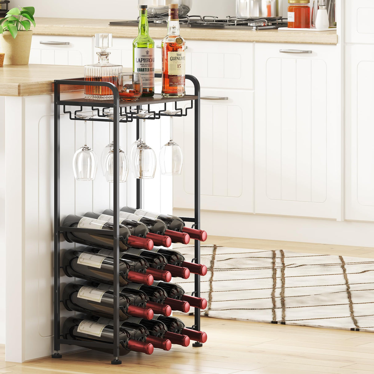 IBEDMAZIE Freestanding Floor Wine Rack,16 Bottles Wine Shelf for Kitchen,Dining Room,Home,Office, Bar,Perfect Combination of Wood and Metal, Easy to Install IBEDMAZIE