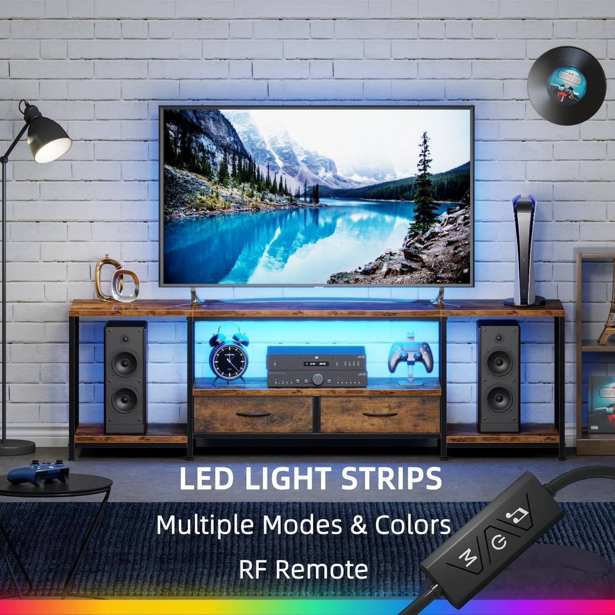 DSAFGGY LED TV Stand with Fabric Drawers, Entertainment Center for 65 70 75 Inches Television Stands with Storage Shelves for Living Room, Bedroom, TV Console Table 63" Rustic Brown DSAFGGY