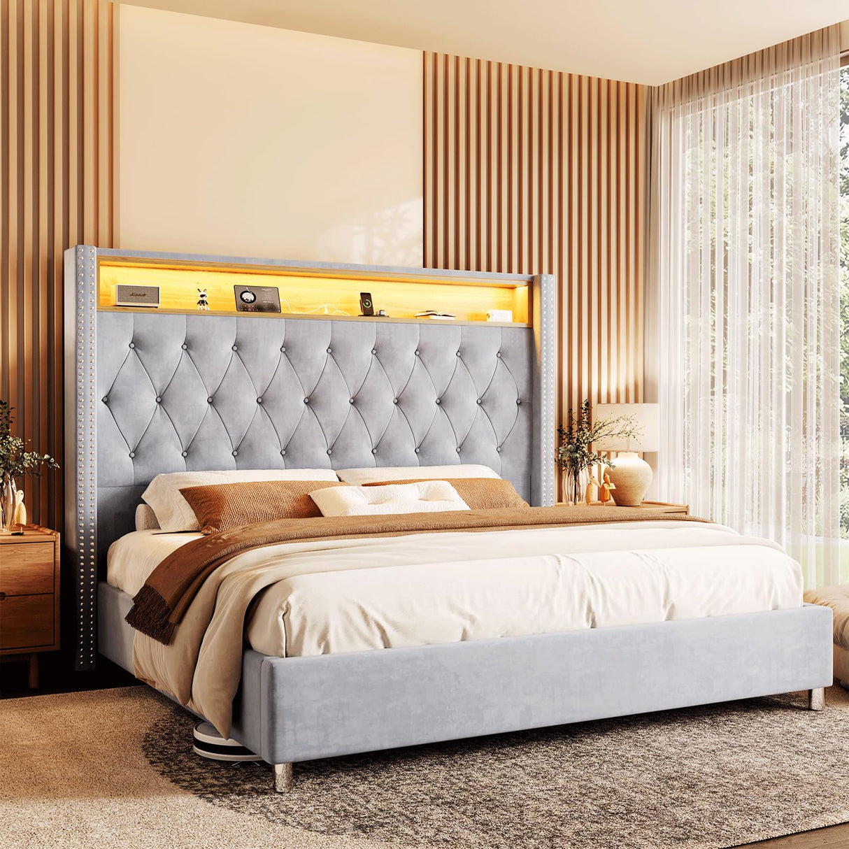 Jocisland King Size Bed Frame 53.6'' Tall Headboard LED Lights and Charging Station, Velvet High Upholstered Platform Bed Wingback Storage, No Box Spring Needed, No Motion Light Under Bed, Light Gray Jocisland