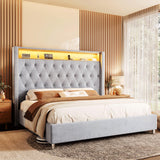 Jocisland King Size Bed Frame 53.6'' Tall Headboard LED Lights and Charging Station, Velvet High Upholstered Platform Bed Wingback Storage, No Box Spring Needed, No Motion Light Under Bed, Light Gray Jocisland