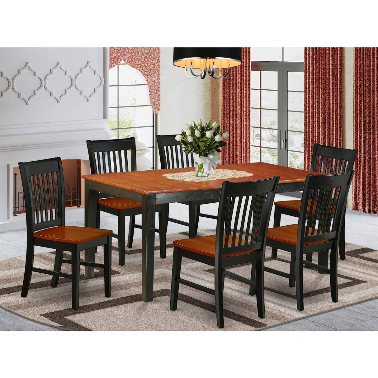East West Furniture NINO7-BCH-W 7Pc Dinette Set Includes a Rectangle 54/66 Inch Family Table with Butterfly Leaf and 6 Wood Seat Dining Chairs, Black and Cherry Finish East West Furniture