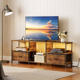 MAHANCRIS LED TV Stand with Charging Station and 2 Fabric Drawers, Entertainment Center for TVs up to 65", TV Console Table with Open Storage Shelf, for Living Room, Rustic Brown TVHR135E01 MAHANCRIS