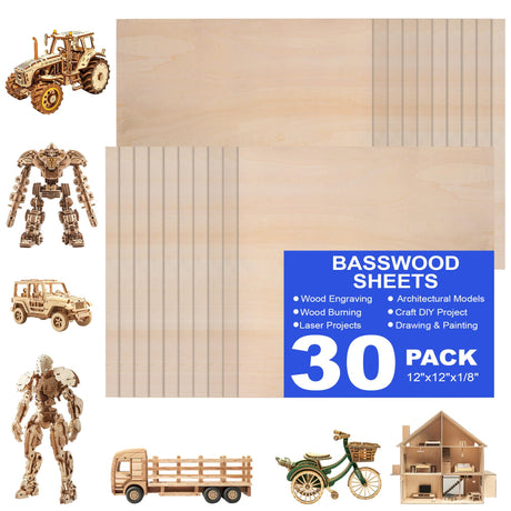 30 Pack 12"x12"x1/8" Basswood Sheets for Crafts,3mm Craft Wood Plywood,Unfinished Wood,for DIY Ornaments and Model Engraving,Wood for Laser Cutting,Architectural Models,Drawing,Wood Burning QSJQAMG