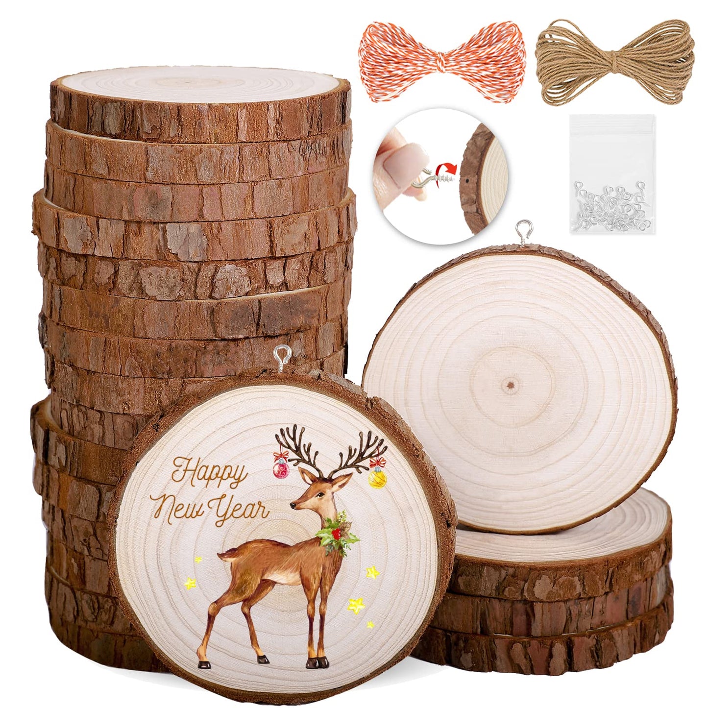 Natural Wood Slices 20Pcs 3.1-3.5 in Unfinished Wood Kit with Screw Eye Rings, Complete Wood Coaster, Wooden Circles for Crafts Wood Christmas Ornaments