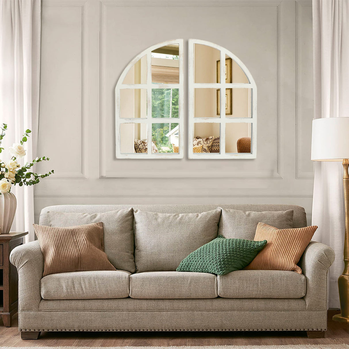 FLORA Farmhouse Mirror, Arch Window Wall Mirror for Kitchen Bedroom Living Room Wall Decor, Set of 2 FLORA