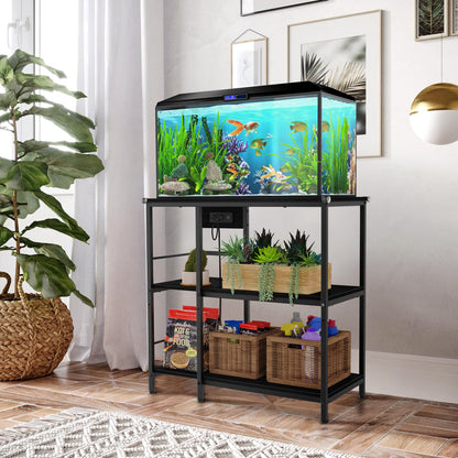 Snughome Fish Tank Stand with Charging Station, 10-29 Gallon Aquarium Stands 3-Tier, Adjustable Fish Tank Shelf for Home Heavy Duty Metal 33.07" x 16.53" x 32.67", Black - WoodArtSupply