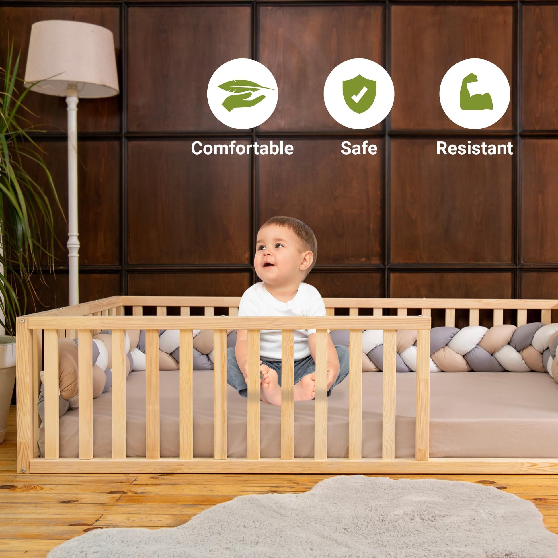 Montessori Floor Bed for Kids 27.5'' x 53'' Crib | Toodlers Floor Bed with Safety Guardrails | Pine Wood Baby Bed | Sturdy Wood Frame Bed for Girls and Boys (Crib, Height : 19 Inches) - WoodArtSupply