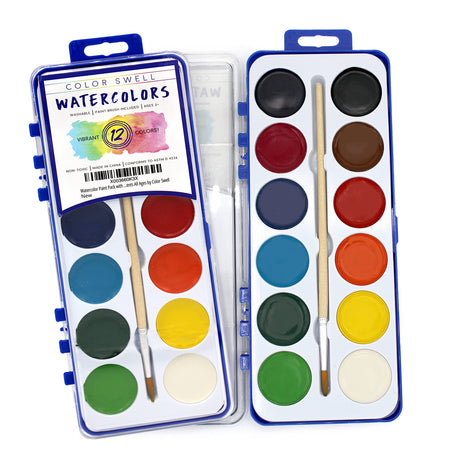 Watercolor Paint Pack with Wood Brushes 12 Washable Colors (0.61 Ounce (Pack of 18)) Color Swell