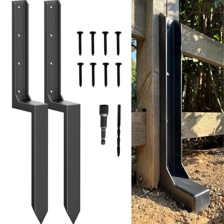 IRONBARBIE Thickened Fence Post Repair Stakes Kit, Steel Fence Post Anchor, Repair Leaning 4x4/6x6 Wooden Fence Post Support (Thicker 11-Gauge, 2 Pack/Black) ironbarbie