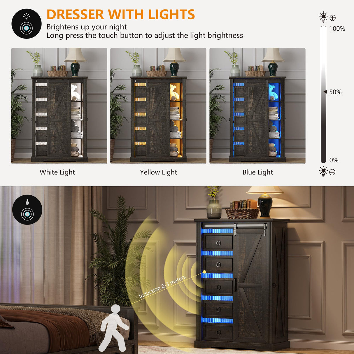 Farmhouse Dresser for Bedroom w/Sliding Barn Door, 5 Drawers Wood Dresser with LED Lights, Chest of Drawers Tall Dressers for Bedroom, Living Room, Hallway, Kids Room, Antique White TAGELIER