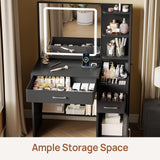 GREENSTELL Vanity Makeup Desk with Mirror and Lights, Makeup Table with Power Strip, 11 Storage Area, 3 Color Mode with Adjustable Brightness, 3 Desktop Compartments, Dressing Table, 32.6",Black GREENSTELL