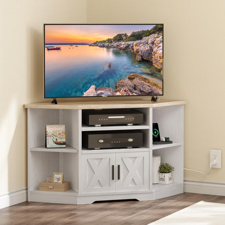YITAHOME Corner TV Stand for 55/50 Inch TV, Farmhouse TV Stand for Living Room, Entertainment Center with Storage & Power Outlet, TV Console Cabinet for Living Room, Grey Wash & Grey White YITAHOME