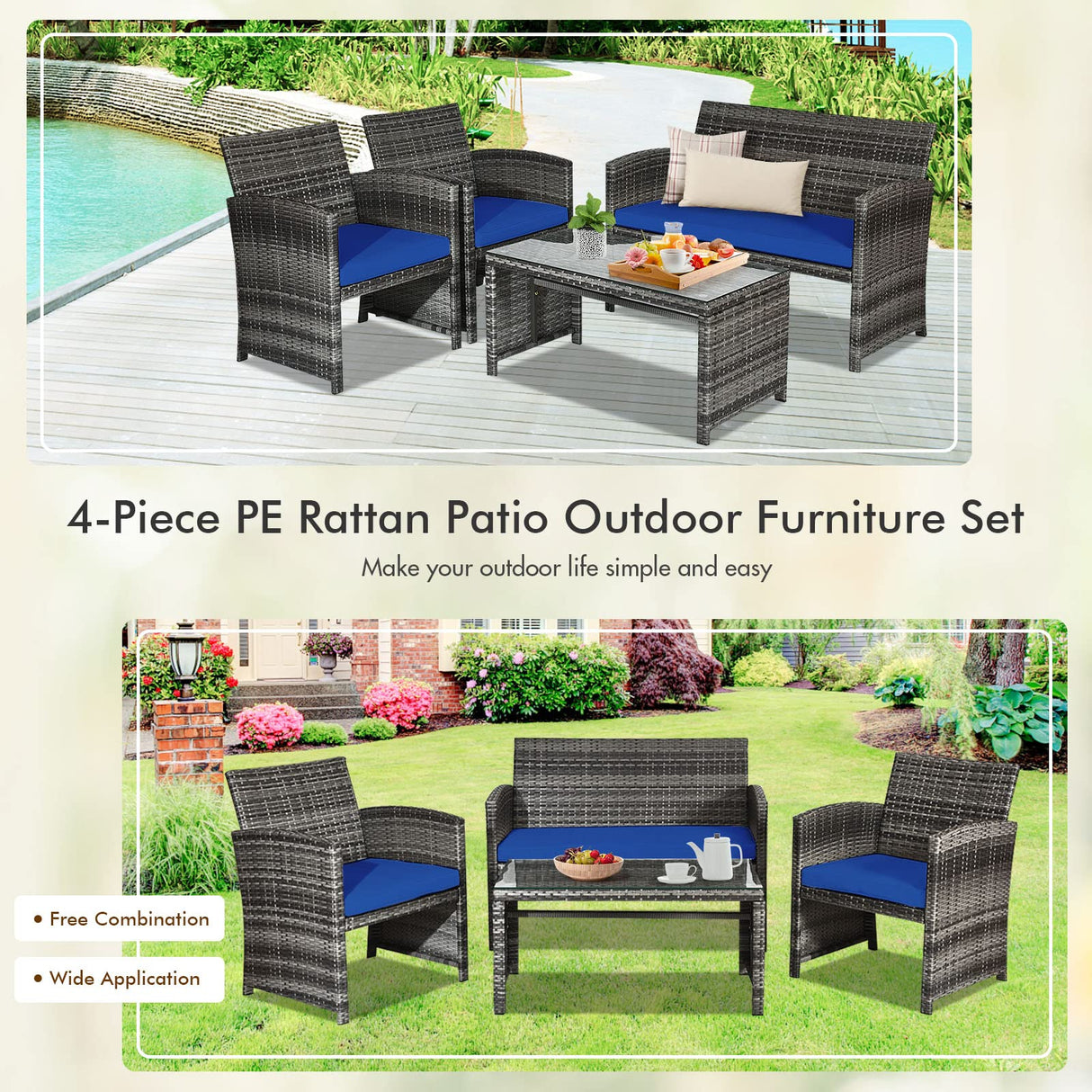 Goplus 4-Piece Rattan Patio Furniture Set, Outdoor Wicker Conversation Sofa with Weather Resistant Cushions and Tempered Glass Tabletop for Lawn Backyard Pool Garden (Blue) Goplus