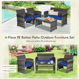 Goplus 4-Piece Rattan Patio Furniture Set, Outdoor Wicker Conversation Sofa with Weather Resistant Cushions and Tempered Glass Tabletop for Lawn Backyard Pool Garden (Blue) Goplus