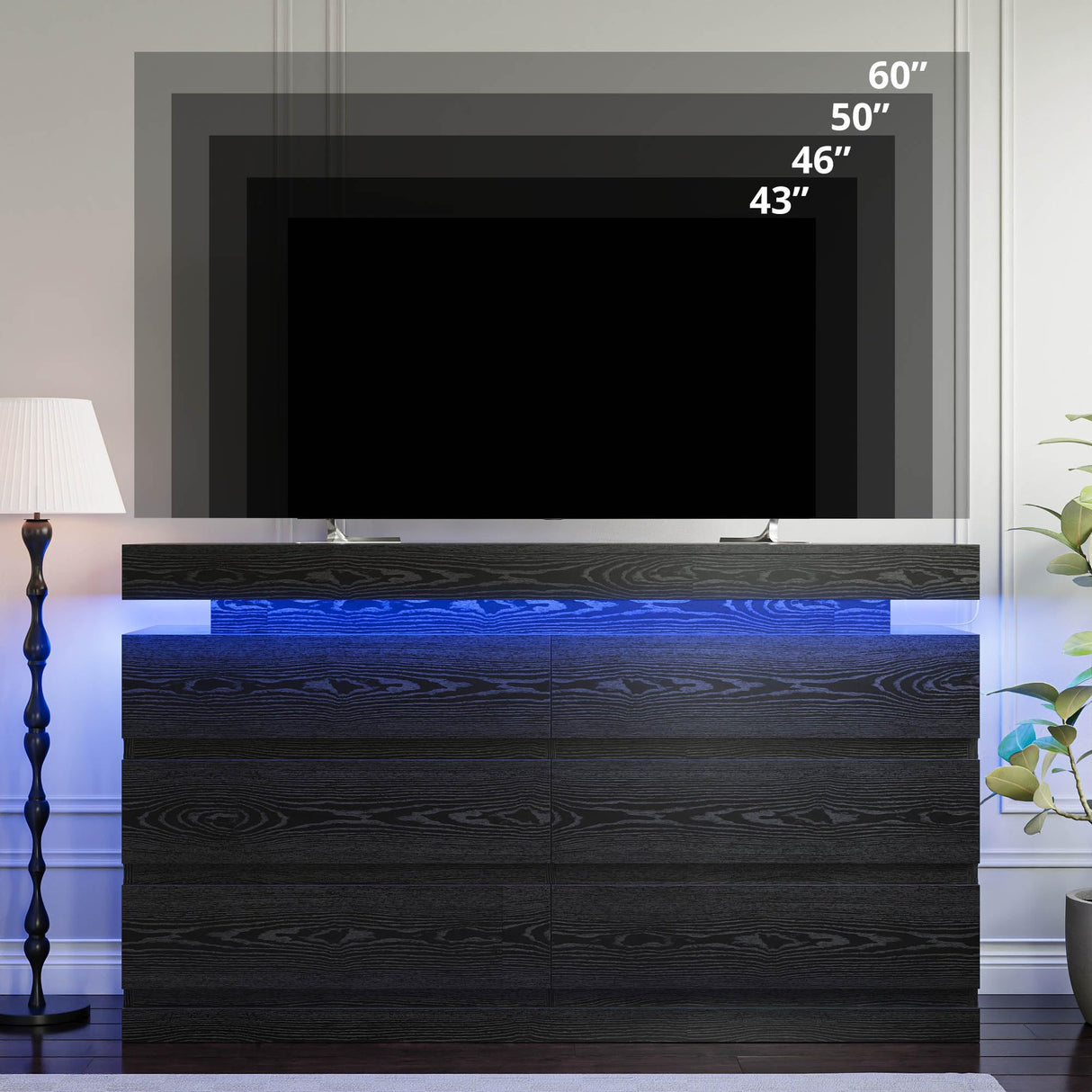 LIKIMIO 59" 6 Drawers Dresser for Bedroom, with LED & Power Strip, Large Wood Dressers & Chest of Drawers, Wide Storage Cabinet, Black LIKIMIO