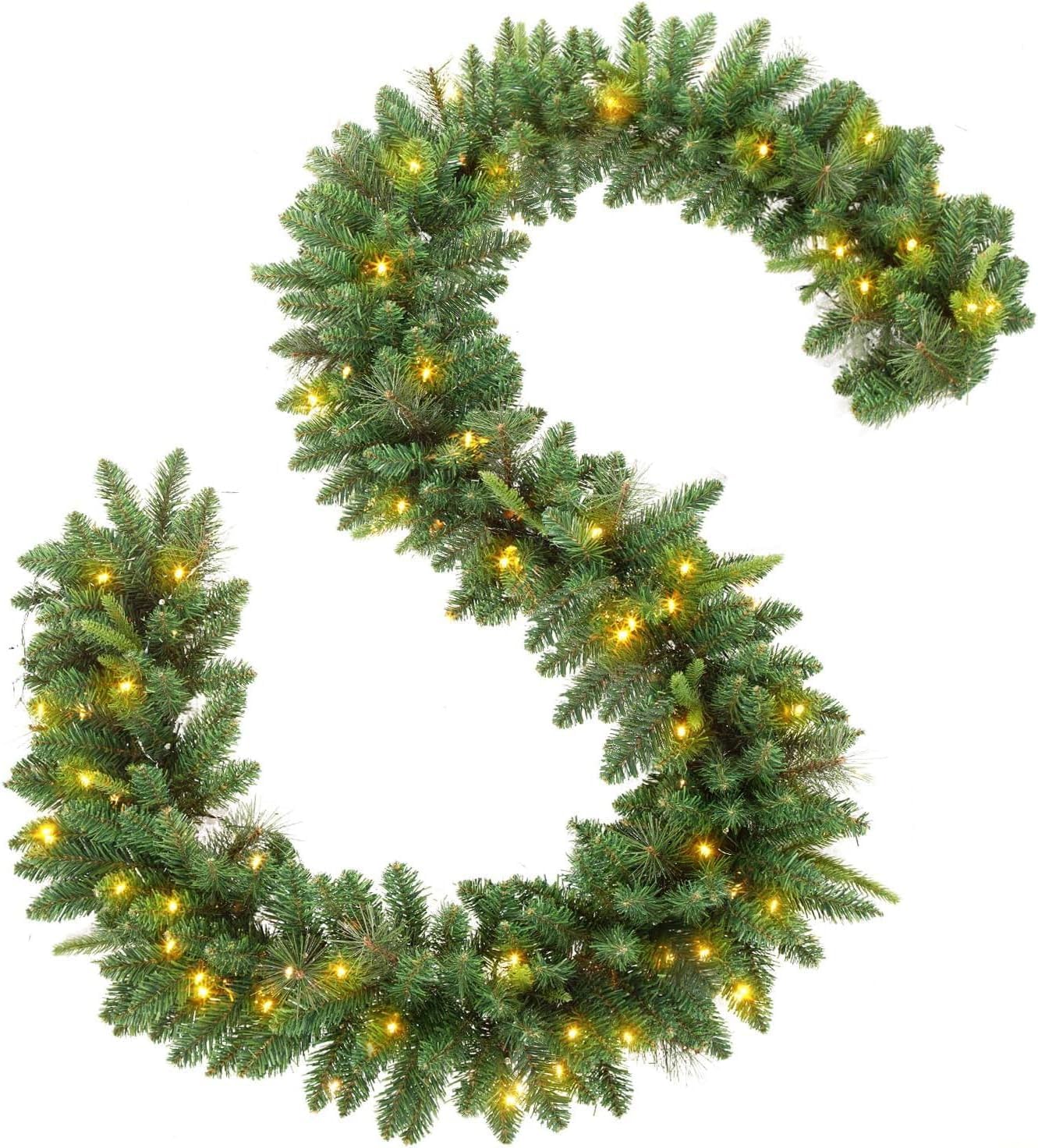 KING BIRD Pre-lit Christmas Garland, 9 FT by 12 Inch, Classic Green Christmas Garland with 50 Warm Lights 300 Branch Tips for Indoor and Outdoor Decoration