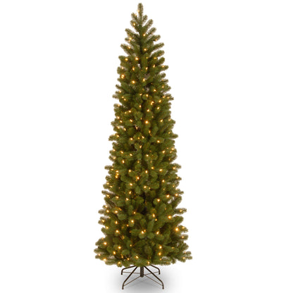 National Tree Company Pre-Lit 'Feel Real' Artificial Slim Downswept Christmas Tree, Green, Douglas Fir, White Lights, Includes Stand, 7.5 feet