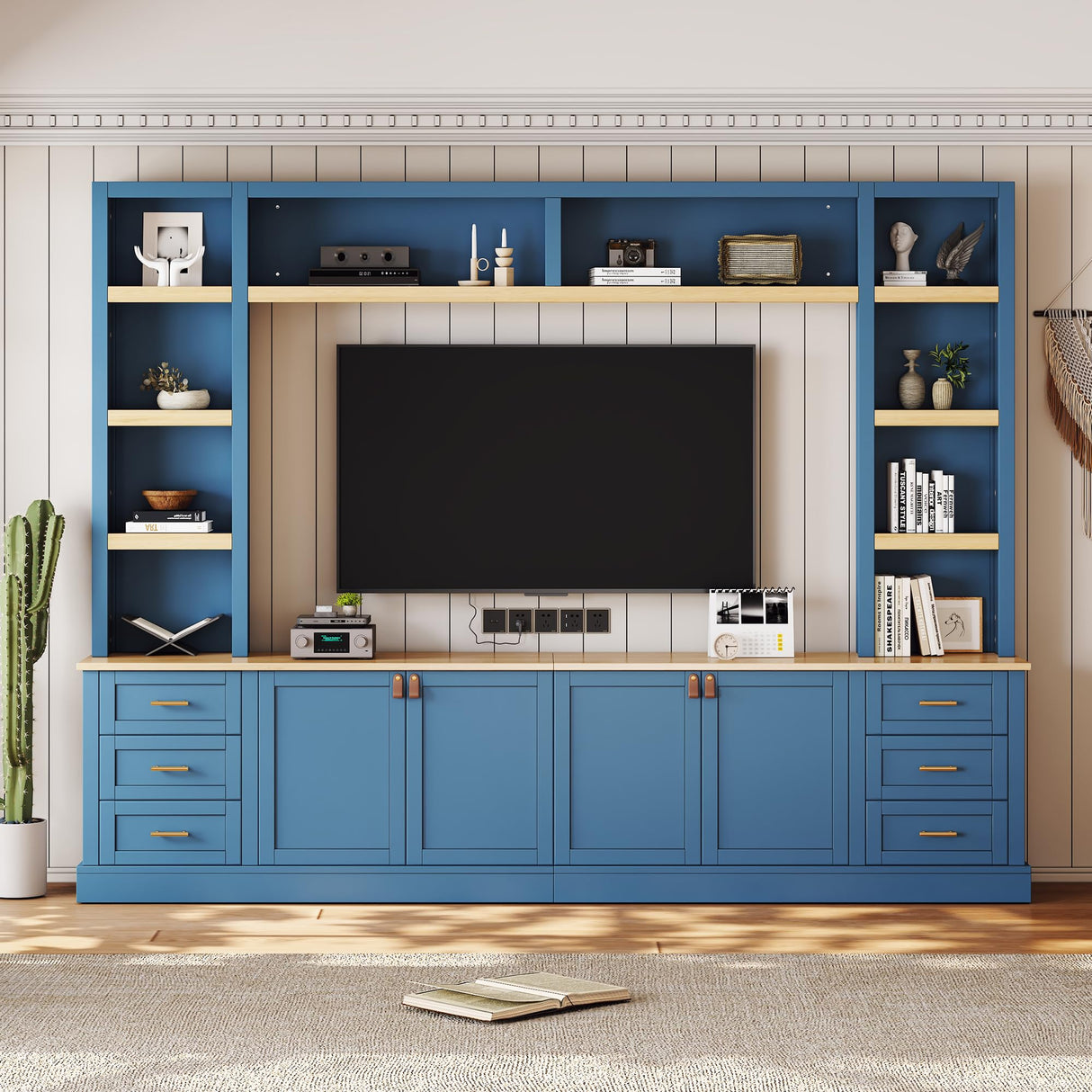 LUMISOL Farmhouse 4-Piece Entertainment Center Wall Unit for TVs up to 75", Large TV Stand with Bookshelves, 6 Drawers & Adjustable Shelves, Rustic Large Media Console for Living Room, Blue LUMISOL