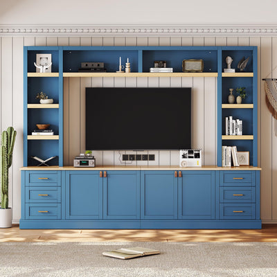 LUMISOL Farmhouse 4-Piece Entertainment Center Wall Unit for TVs up to 75", Large TV Stand with Bookshelves, 6 Drawers & Adjustable Shelves, Rustic Large Media Console for Living Room, Blue