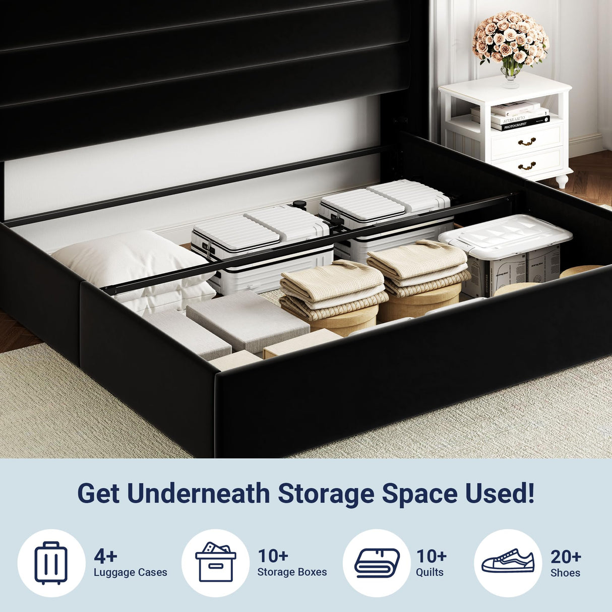 Allewie King Size Velvet Lift Up Storage Bed, Modern Wingback Headboard, Hydraulic Support, No Box Spring Needed, Black Allewie