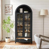 RowyPoey Farmhouse Arched Cabinet with Glass Doors, Wood Display Cabinet with Drawer and Adjustable Shelves, 71” Tall Bookshelf Modern China Storage Kitchen Pantry for Living Room,Office (Black) RowyPoey