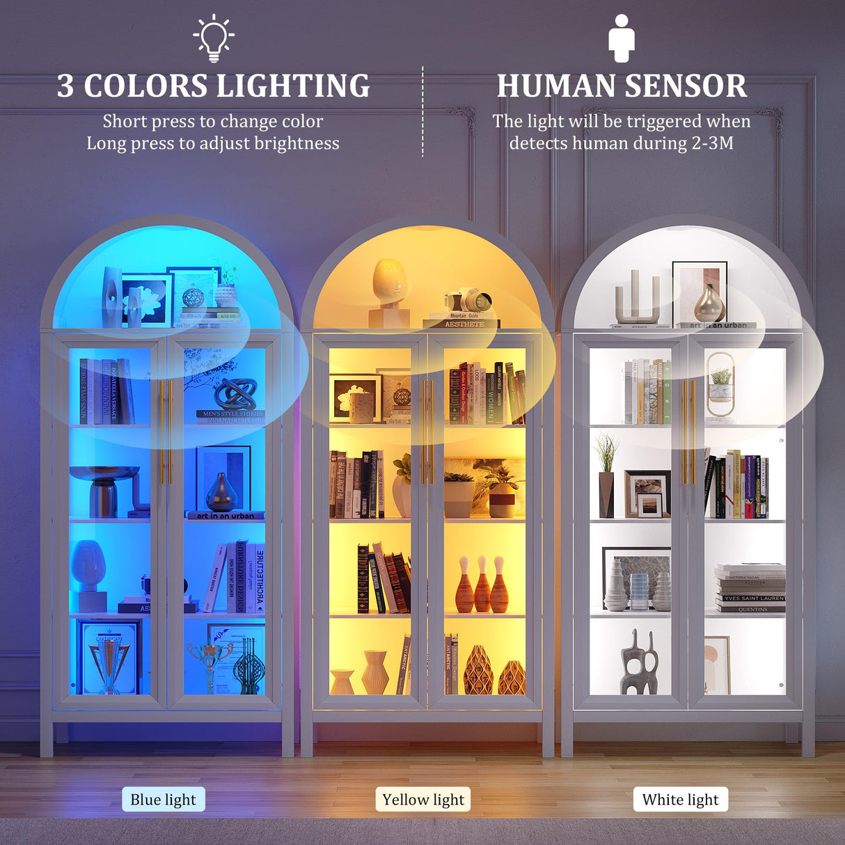 Dystler Arched Kitchen Pantry Cabinet with Glass Doors, Display Curio Case with 3 Color LED Lights for Collectibles, Modern 5-Tier Storage Hutch Cabinet, White Dystler