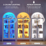 Dystler Arched Kitchen Pantry Cabinet with Glass Doors, Display Curio Case with 3 Color LED Lights for Collectibles, Modern 5-Tier Storage Hutch Cabinet, White Dystler