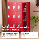 Locker Metal Storage Cabinet, Steel Office Storage Lockable Lockers for Employees Kids School Gym Home Garage Locker with Mirror & Hooks (3 Doors, Red) KAER