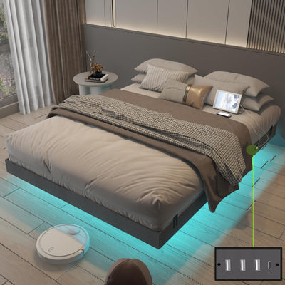 Muluflower Floating Bed Frame King Size with LED Lights and Charging Station, Grey Linen Metal Platform Bed Frame, Easy Assembly, No Box Spring Needed (King)