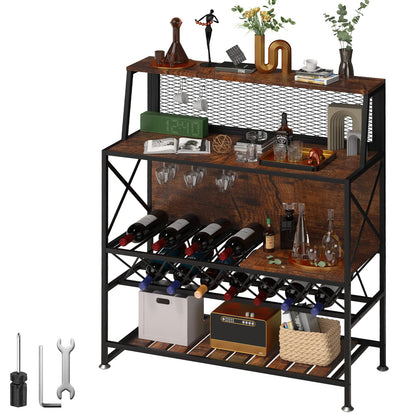 Industrial Rustic Brown Wine Rack and Home Bar Table with Glass Holder by VEVOR