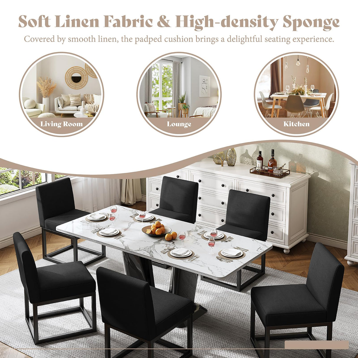 AMERLIFE Mid Century Linen Dining Chairs Set of 6, Modern Upholstered Dinner Chairs with Metal Frame for Restaurant, Dining Room, Kitchen, Black Padded Chairs AMERLIFE