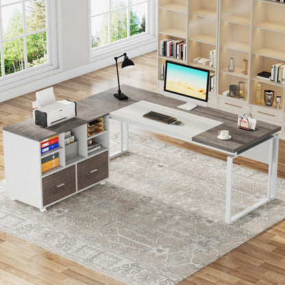 Tribesigns L-Shaped Executive Desk with Reversible File Cabinet, 63" Office Desk with Storage Drawers, L-Shaped Computer Desk with Drawer Cabinet for Hanging Letter Size Files,Gray & White - WoodArtSupply