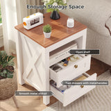 Luoxiao Nightstand Set of 2 with Charging Station, End Table, 18" Farmhouse Side Table with 2 Storage Drawers, Rustic Wooden Sofa Table, Bedside Cabinet for Living Room, Bedroom, White Luoxiao