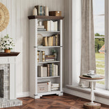 HOTLUU 5-Tier Farmhouse Bookshelf, 61.1 inch Tall Bookcase with Storage & Unique Design & One Adjustable Shelf, Wooden Bookshelf for Study Room, Living Room, Home Office, Bedroom (White) HOTLUU