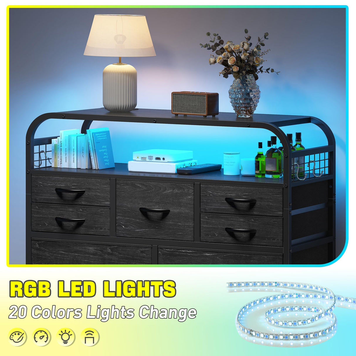 EnHomee Black Dresser with LED Lights & Charging Station,11 Drawers Dresser with 2 Tier Shelves & 4 Hooks, Fabric Dresser for Bedroom, Closet, Living Room, Entryway,Sturdy Frame,Wooden Top EnHomee