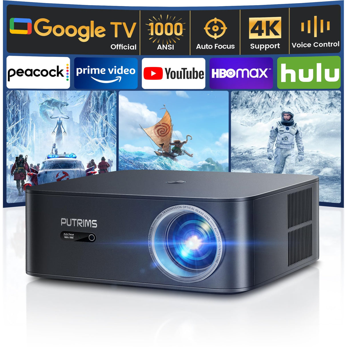 [1000 ANSI/Google TV]Smart Projector with WiFi 6 and Bluetooth, Netflix-Licensed 4K Support, Outdoor Movie Proyector, 1080P Home Ceiling Auto Focus Projector, Gift for Valentine’s Day PUTRIMS K12 Gray PUTRIMS