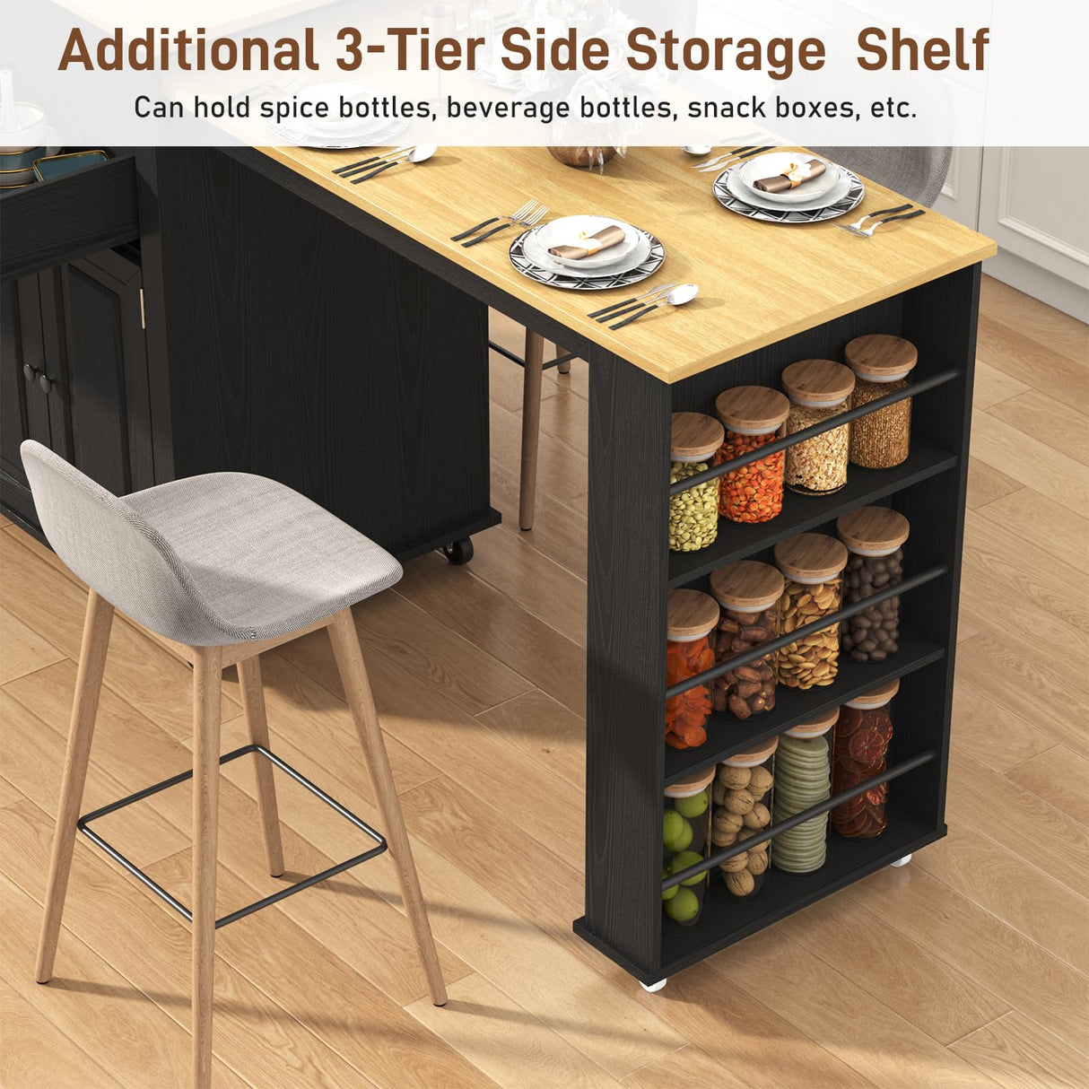 80"-48" Extendable Kitchen Island with Extended Dining Table and Power Outlet,Large Mobile Kitchen Storage Islands with 2 Storage Drawers,Rolling Islands Cart with 3 Extra Rows Open Shelves(Black) chartustriable
