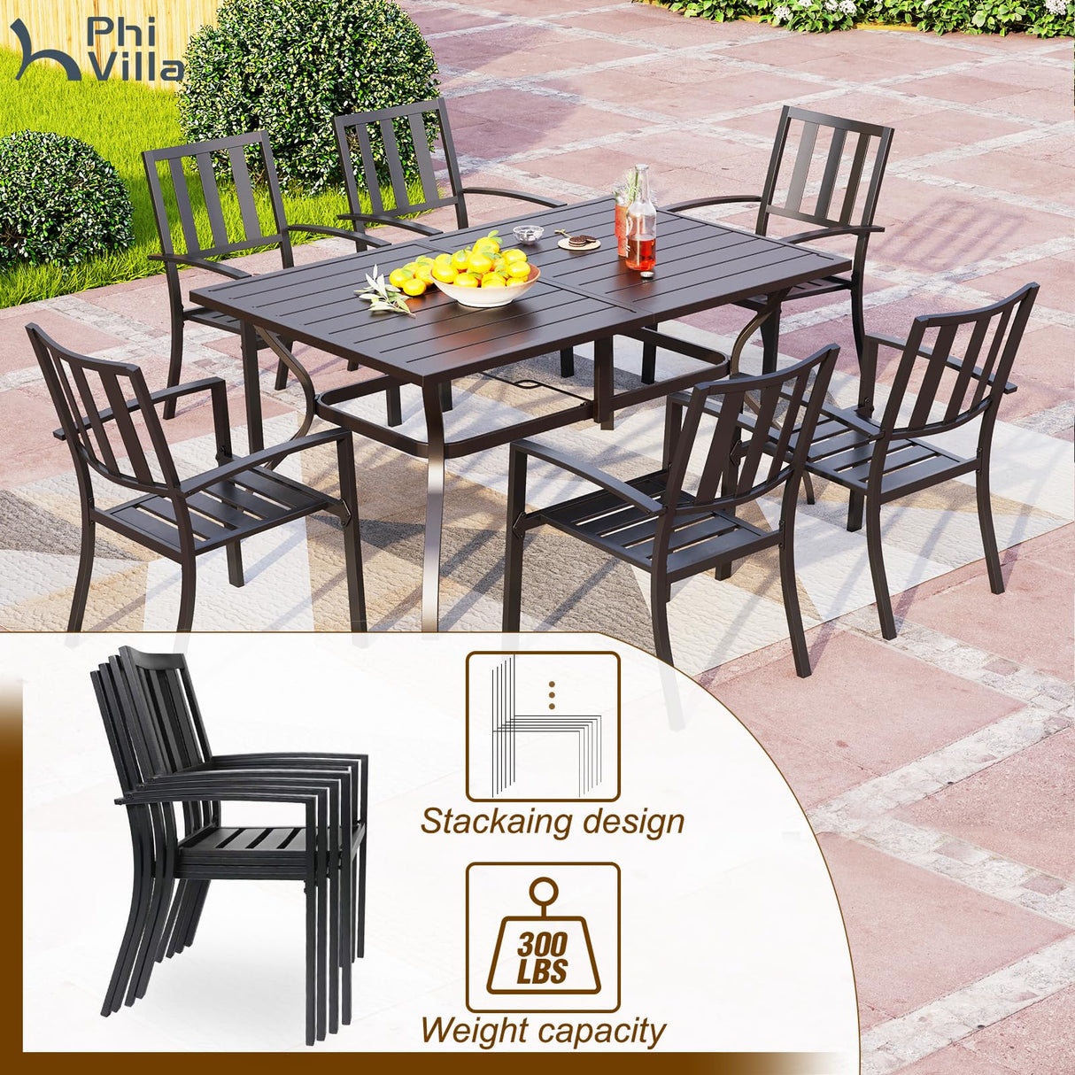 PHI VILLA 7 Piece Outdoor Dining Set for 6, 60” Rectangular Metal Steel Dining Table with Umbrella Hole & Stackable Dining Chairs for Patio, Deck, Yard, Garden PHI VILLA