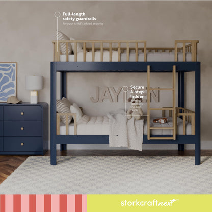 Storkcraft Next Santos Twin-Over-Twin 5-in-1 Convertible Bunk Bed (Midnight Blue with Natural) – GREENGUARD Gold Certified, Converts to Loft Bed and Twin Beds, Modern Style for Kids Room