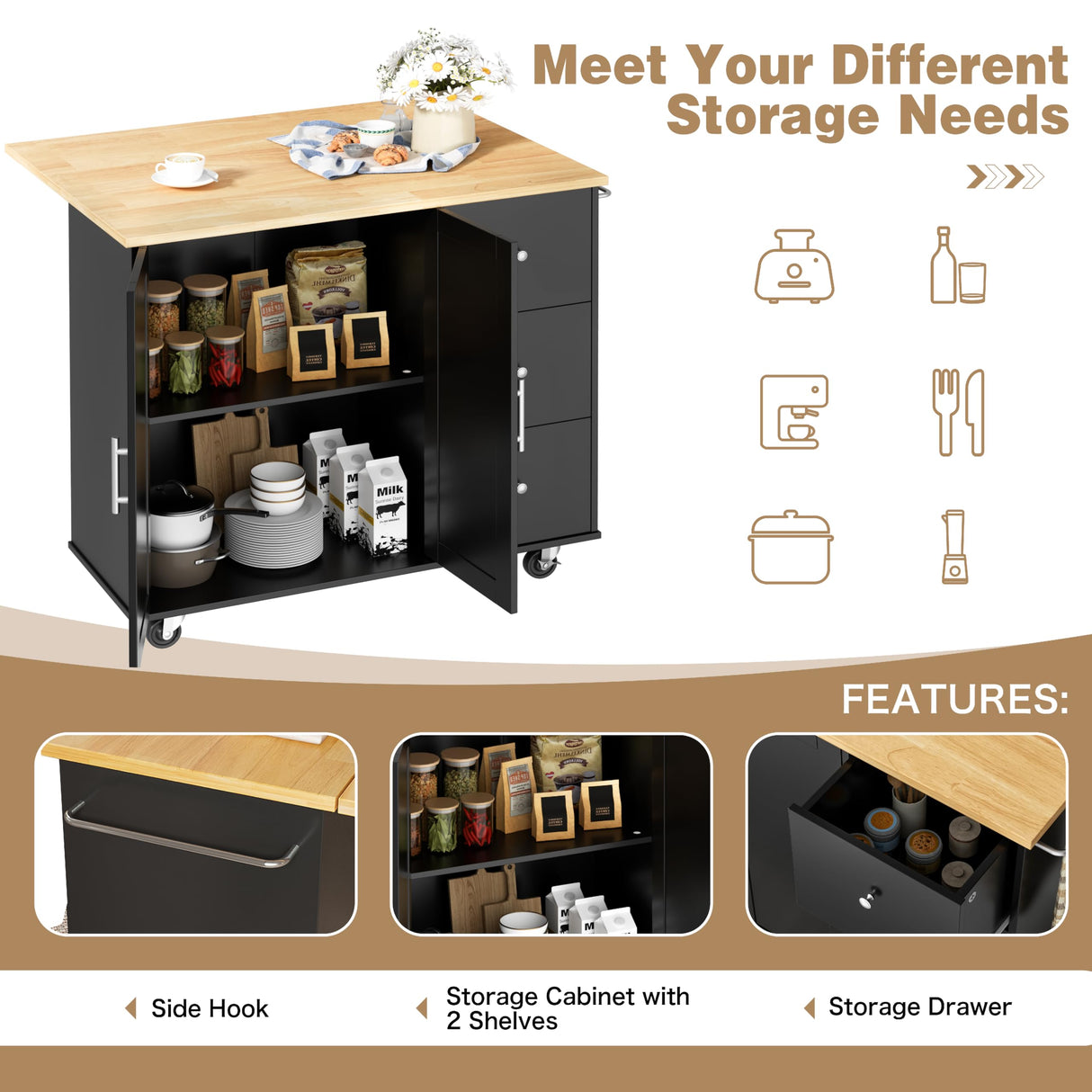 Shintenchi Kitchen Island with Folding Drop Leaf, Rolling Island Table with Storage, Kitchen Cabinet on Wheels with Seating Area for Kitchen, Bar Cart with Cabinet, Black Shintenchi