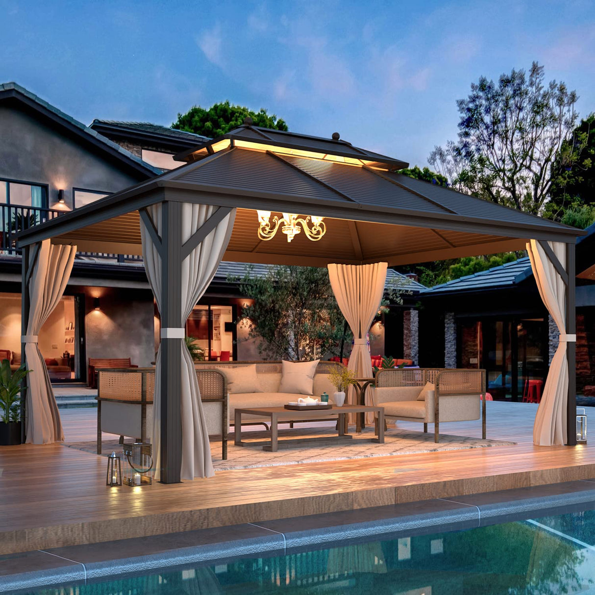 EROMMY 10' x 13' Hardtop Gazebo Double Roof Galvanized Steel Canopy Outdoor Aluminum Frame Permanent Metal Pavilion with Netting and Curtains for Patio Backyard Deck and Lawns EROMMY