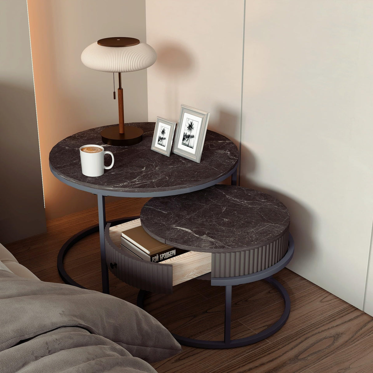 Round Nesting Coffee Tables Set: Gray Marble End Tables Set of 2 - Modern Metal Stacking Side Tables for Living Room Small Spaces Paradmas