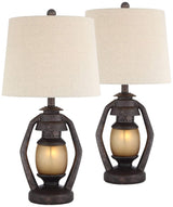 Franklin Iron Works Horace Rustic Farmhouse Table Lamps 25.25" High Full Size Set of 2 with Nightlight Miner Lantern Brown Oatmeal Tapered Drum Shade for Living Room Bedroom House Bedside Nightstand Franklin Iron Works