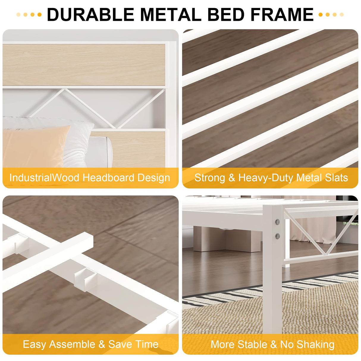 VECELO Twin Size Bed Frame with Headboard, Heavy-Duty Platform Bedframe with Metal Slats Support, No Box Spring Needed, Easy Assembly, White & Natural VECELO