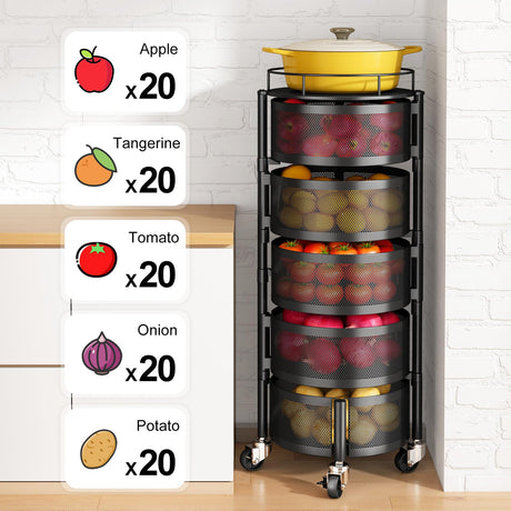 Fruit and Vegetable Basket Bowls for Kitchen with Metal Top Lid, SNTD 5 Tier Rotating Storage Rack Cart for Potato Onion Bread Banana, Wire Basket Organizer on Wheels, Large, Black SNTD