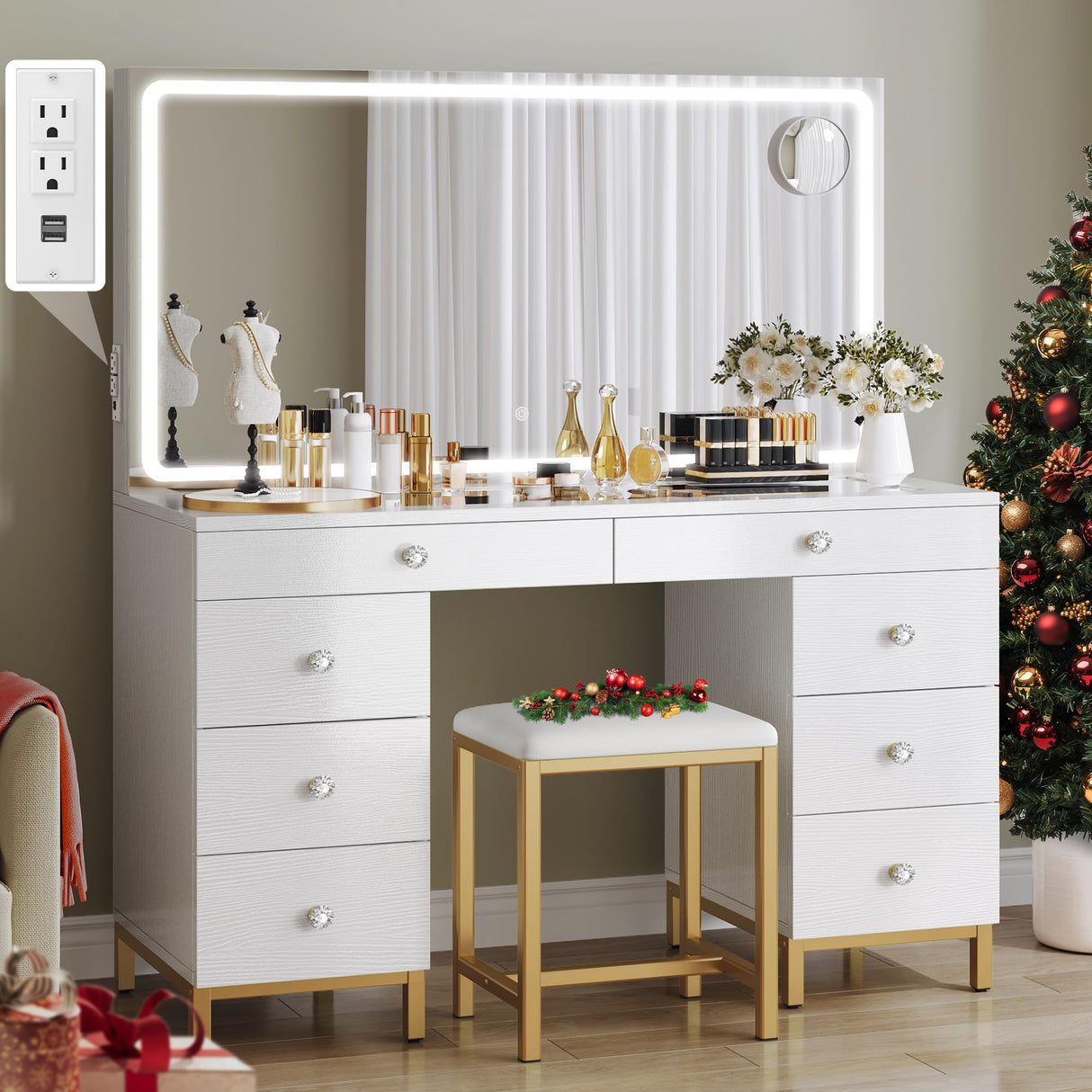 DWVO Vanity Desk with Mirror and Lights, Large Vanity Set with Charging Station, Makeup Table with 8 Drawers, Dimmable 3 Lighting Colors, Makeup Desk for Bedroom and Dressing Room, White DWVO