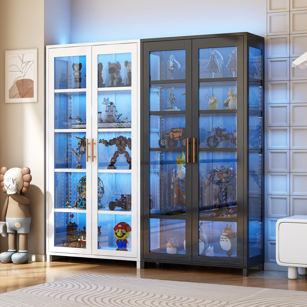 Display Cabinet with Glass Doors, 5-Tier Curio Cabinet with 4 Adjustable Shelves for Collectibles Toy Organizers Rack & Display Shelf, Kids Bookcase for Bedroom, Reading Nook, Living Room (White) YGWBGA