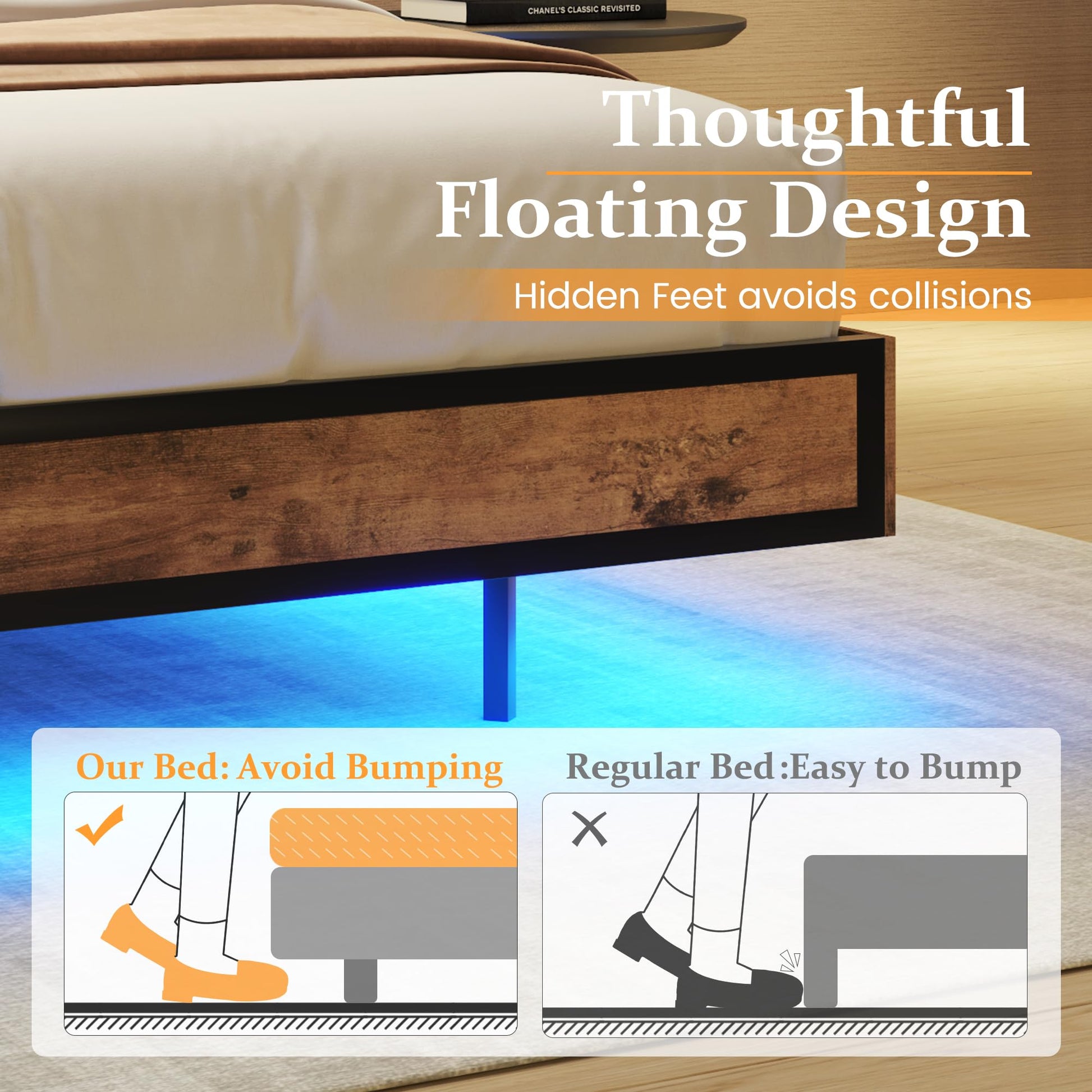 HISOFT Floating Queen Bed Frame with LED Lighting, USB Charging, and 2-Tier Storage - Vintage Brown - WoodArtSupply