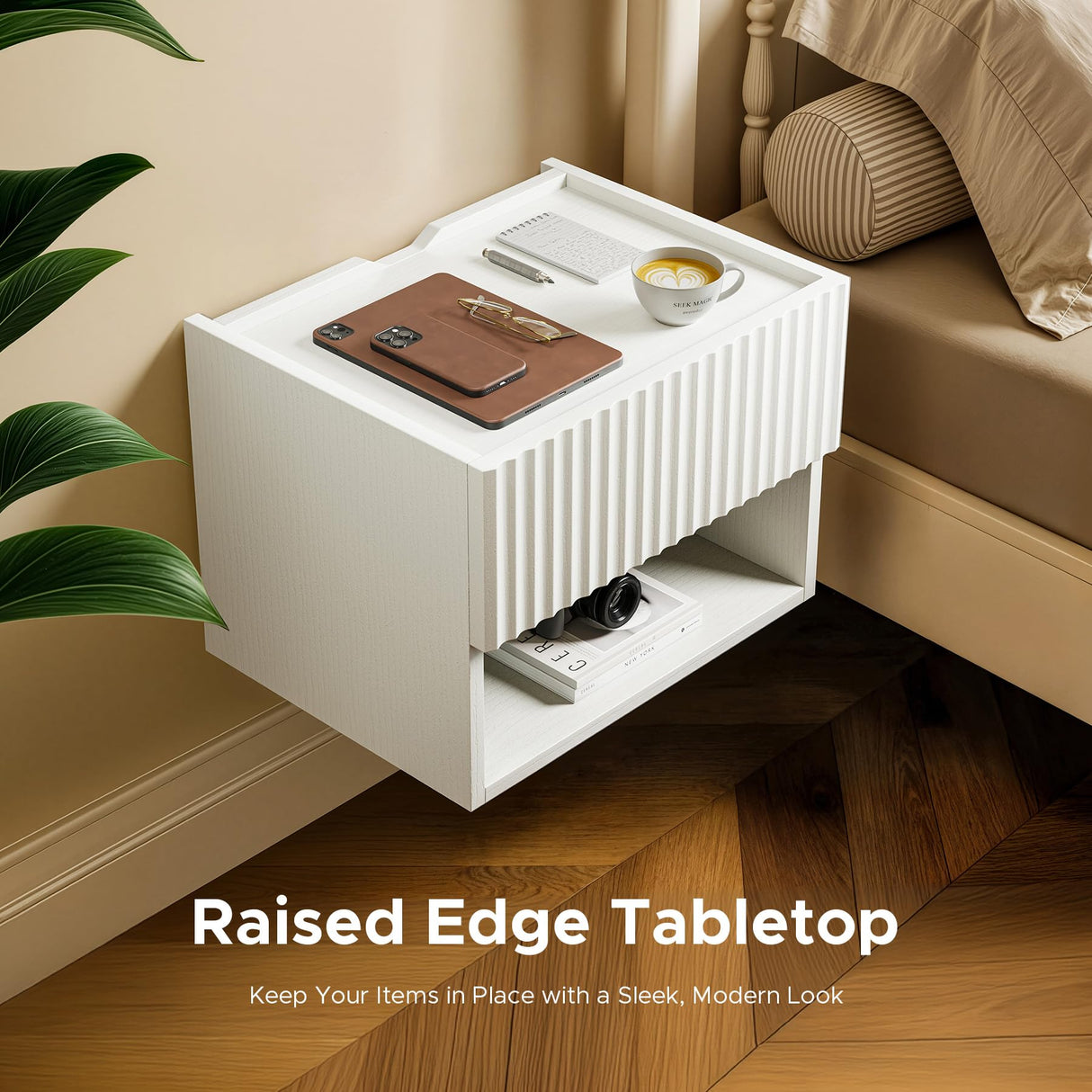 Floating Nightstand Bedroom Bedside Table - Wood Night Stand Set 2 for Small Spaces, Wall Mounted Cabinet with Storage Drawer, White Modern Night Stand for Dorm Hallway Entryway Lazzanto